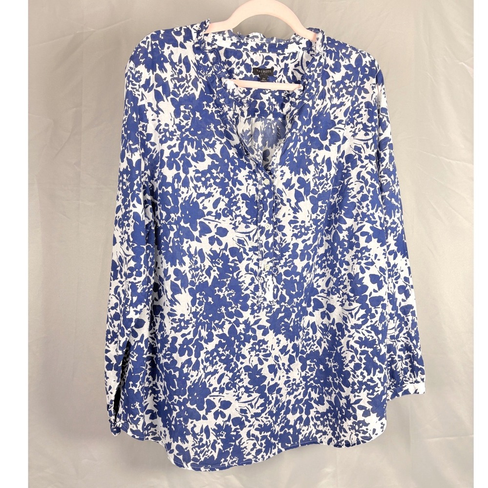 Talbots Plus Womens 2X Blue White Floral Cotton Ruffle Neck Blouse Top Coastal